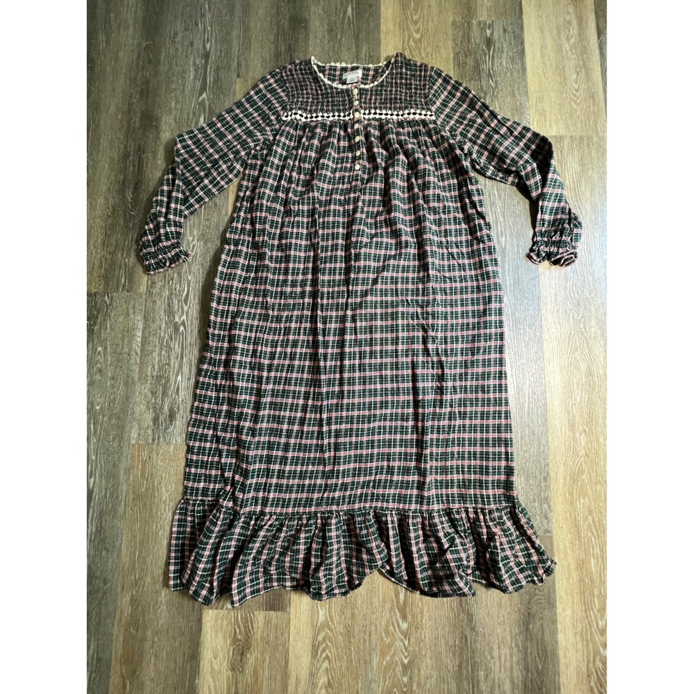 Fundamentals Nightgown Women L Green Pink Plaid Smocked Flannel Lace Ruffle‎ 590
